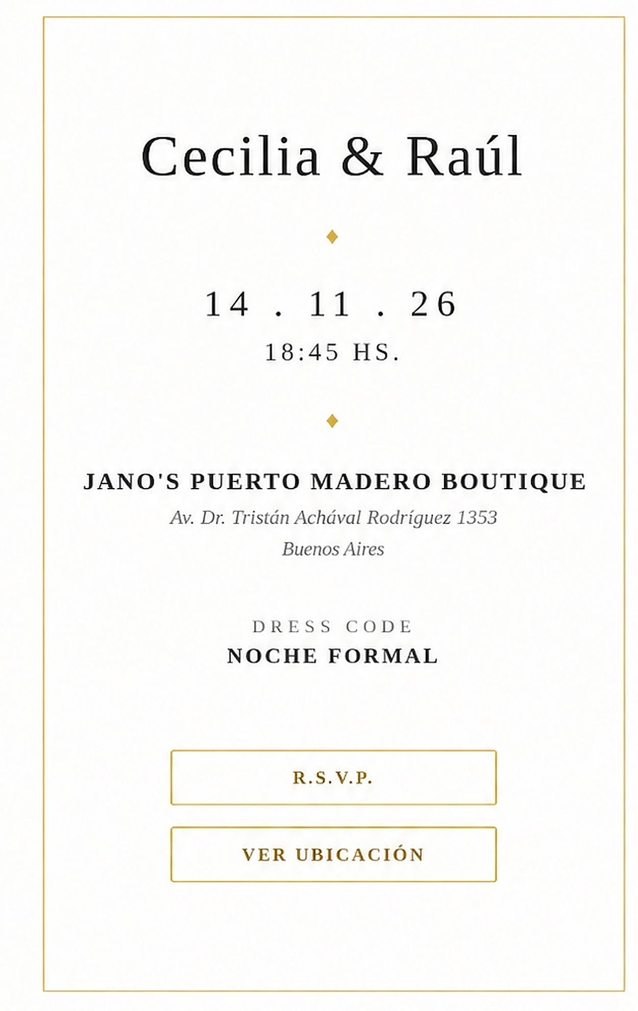 Invitación de Cecilia y Raúl, 14 de noviembre de 2026 a las 18:45, JANO'S Puerto Madero Boutique